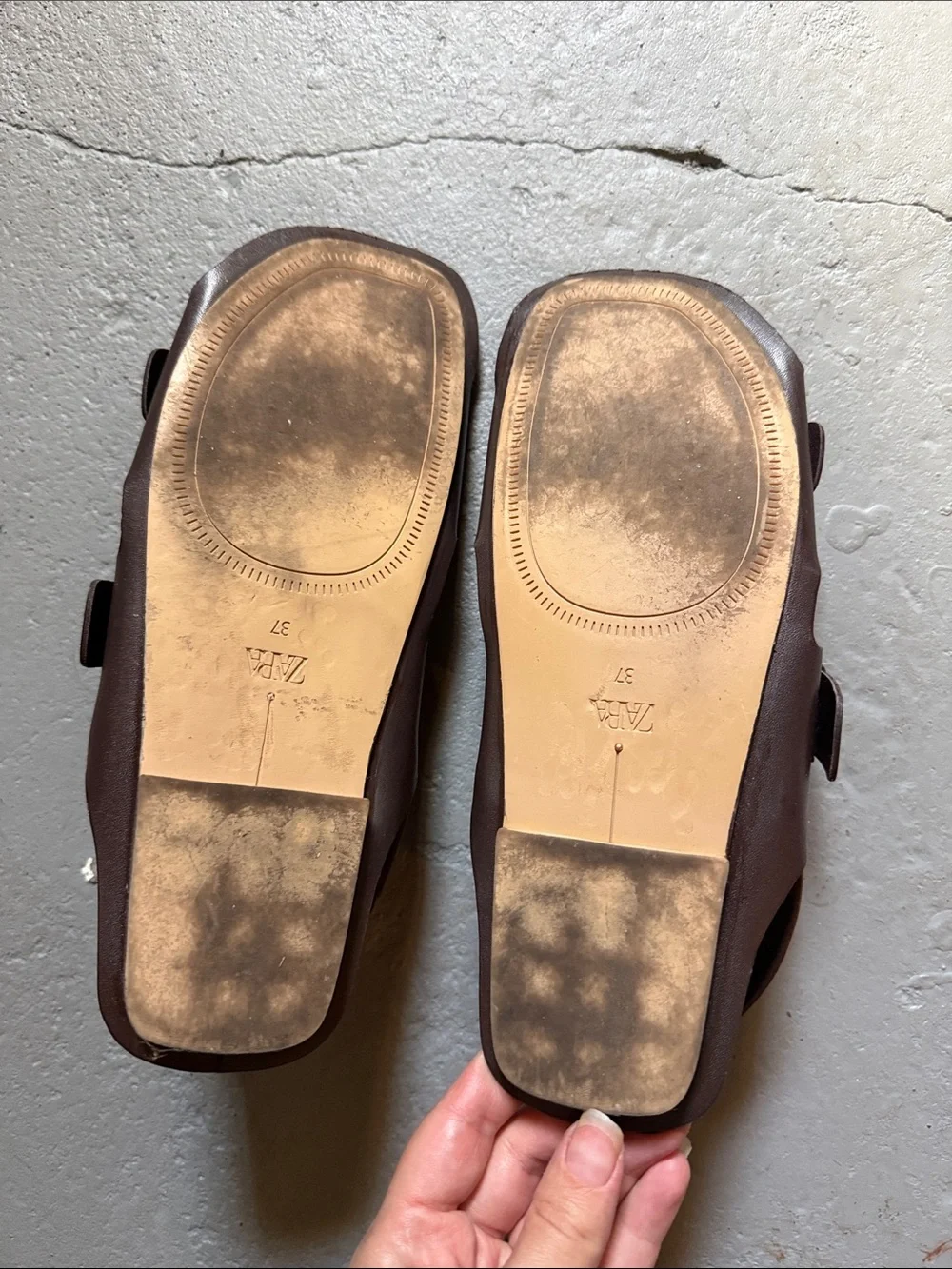 ZARA Dark Brown Double-Buckle Slide Sandals with Gold Buckles - Picture 2 of 3